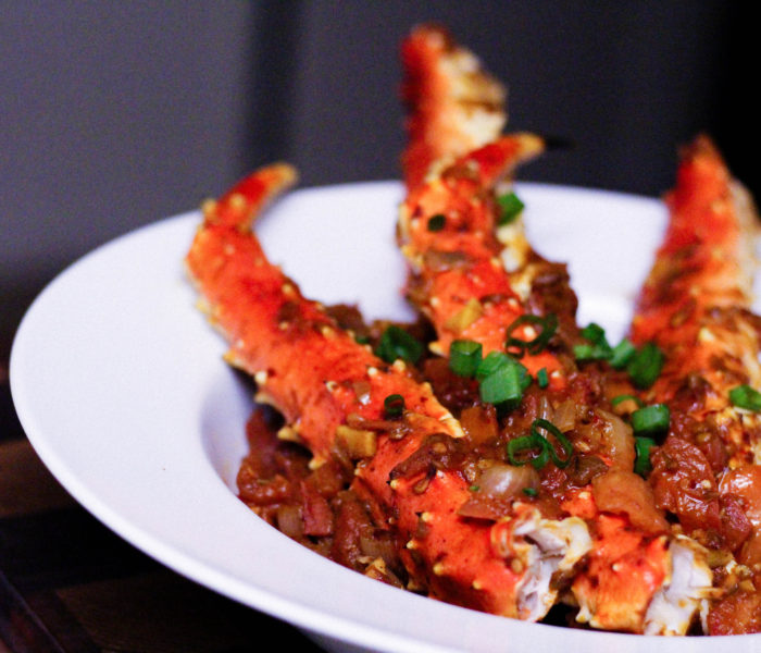 King Crab Legs with Spicy Ghanaian Shito and Tomato Sauce